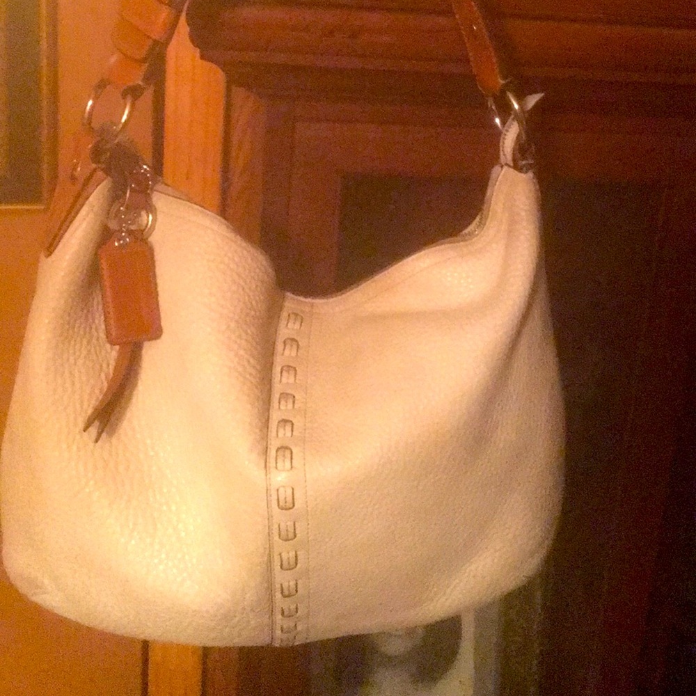 Authentic Coach Leather Off White Brown Strap Bag